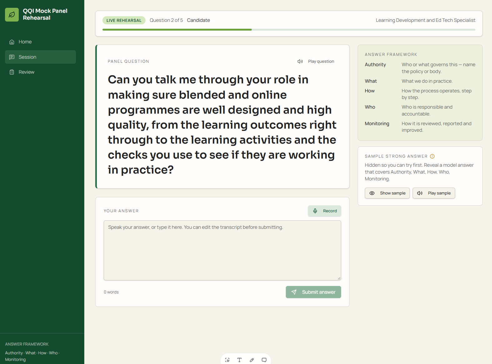 Using ElevenLabs in Learning Design: Three Practical Examples and Other Voice AI Options 3 Screenshot of an interview-practice simulation interface. The learner can hear a panel-style question, respond aloud, review the transcribed answer, receive feedback against defined criteria, and compare their response with an example answer, using voice as part of a wider practice workflow.