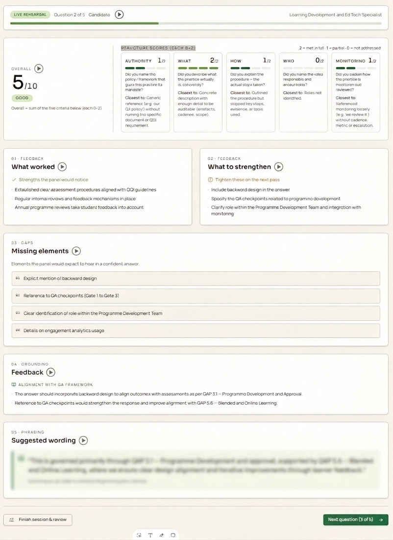 Using ElevenLabs in Learning Design: Three Practical Examples and Other Voice AI Options 2 Screenshot of a learning-application feedback interface. The example shows how a learner can receive written feedback and a spoken version generated through ElevenLabs, so they can read, listen to, and revisit the response rather than relying on audio alone.
